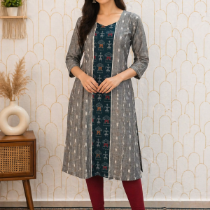 Sambalpuri Ikat Kurti – Grey & Teal Panel Design