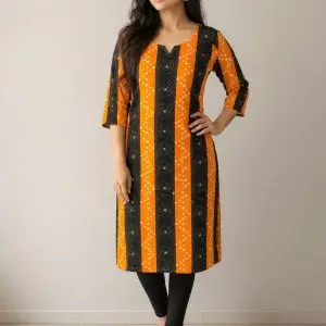 Orange & Black Sambalpuri Printed Cotton Kurti for Women | Straight Fit Ethnic Wear Sambalpuri cotton kurti Odisha handloom ShlokWear