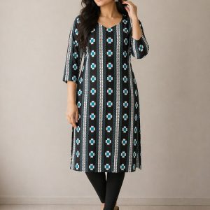 Black & Teal Saptapar Sambalpuri Printed Cotton Kurti for Women | Ethnic Straight Fit Kurti