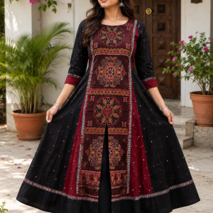 Maroon Black Sambalpuri A-Line Gown Sambalpuri cotton kurti Odisha handloom ShlokWear
