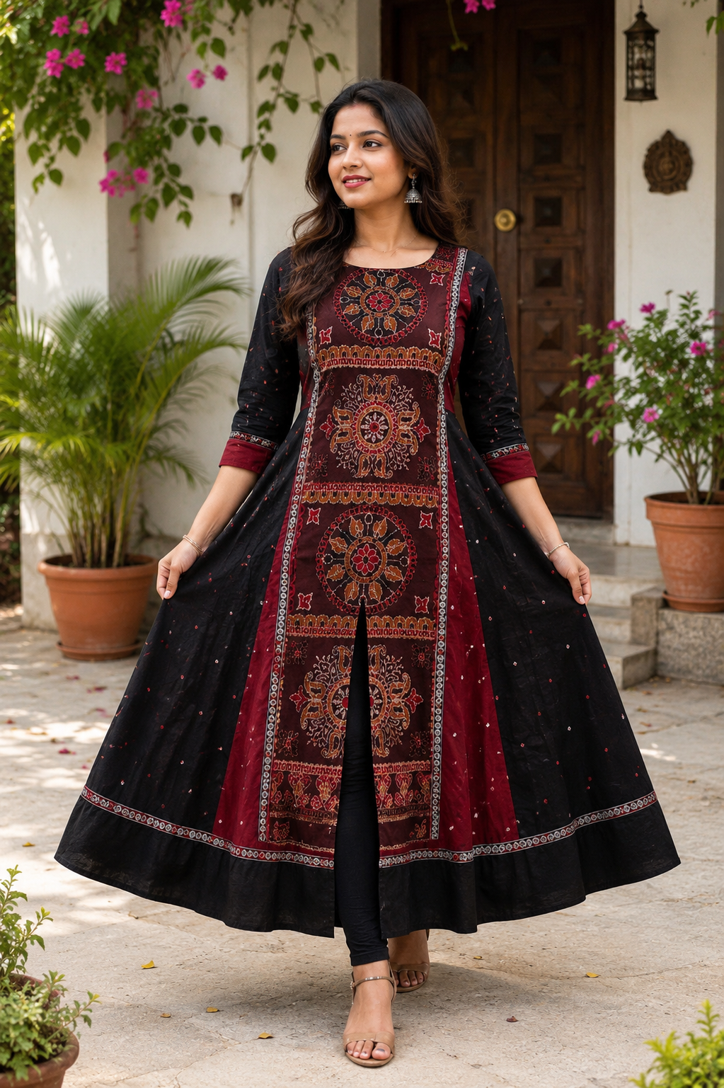 img2 Maroon Black Sambalpuri A-Line Gown Sambalpuri cotton kurti Odisha handloom ShlokWear