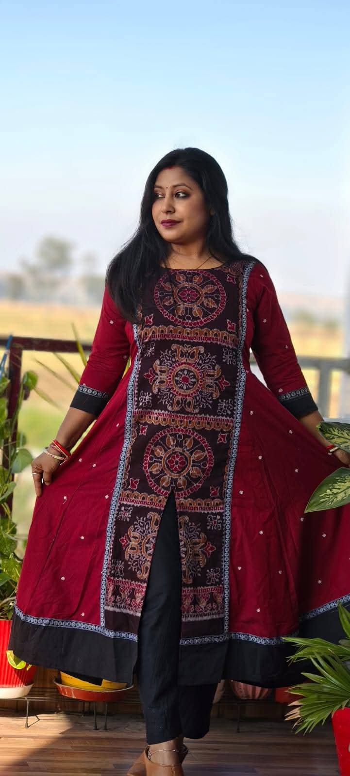 WhatsApp Image 2026-04-20 at 10.08.10 (2) Maroon & Black Sambalpuri A-Line Kurti Sambalpuri cotton kurti Odisha handloom ShlokWear