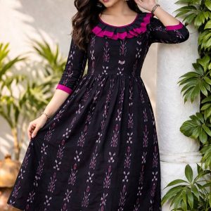 Black Ikat Printed Cotton Flared Midi Dress for Women Sambalpuri cotton kurti Odisha handloom ShlokWear