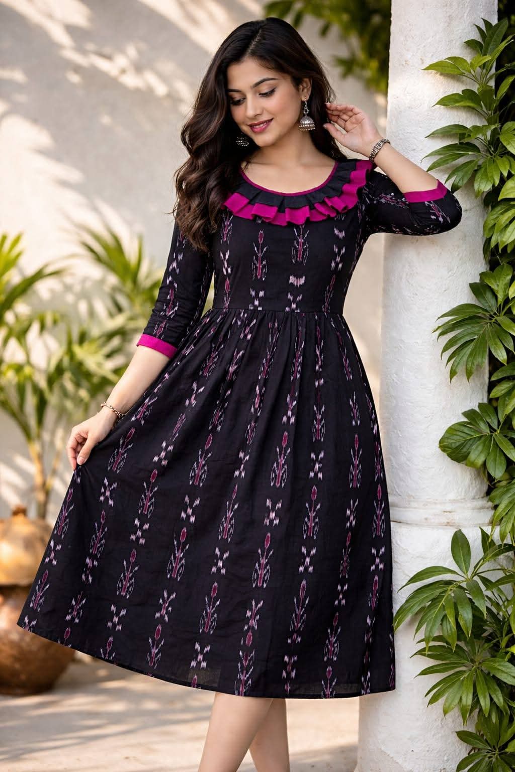 WhatsApp Image 2026-04-20 at 10.08.11 (1) Black Ikat Printed Cotton Flared Midi Dress for Women Sambalpuri cotton kurti Odisha handloom ShlokWear