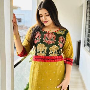 Mustard Green Sambalpuri Printed Cotton Kurti for Women Sambalpuri cotton kurti Odisha handloom ShlokWear