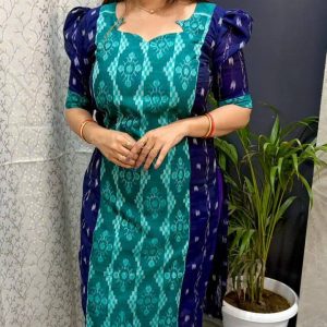 Teal Blue Sambalpuri Printed Puff Sleeve Cotton Kurti for Women Sambalpuri cotton kurti Odisha handloom ShlokWear