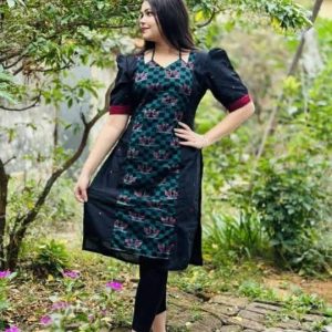 Black White Sambalpuri Printed Cotton Fit & Flare Dress for Women