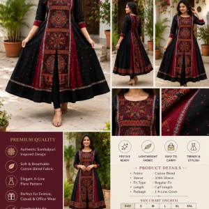 Maroon Black Sambalpuri A-Line Gown Sambalpuri cotton kurti Odisha handloom ShlokWear