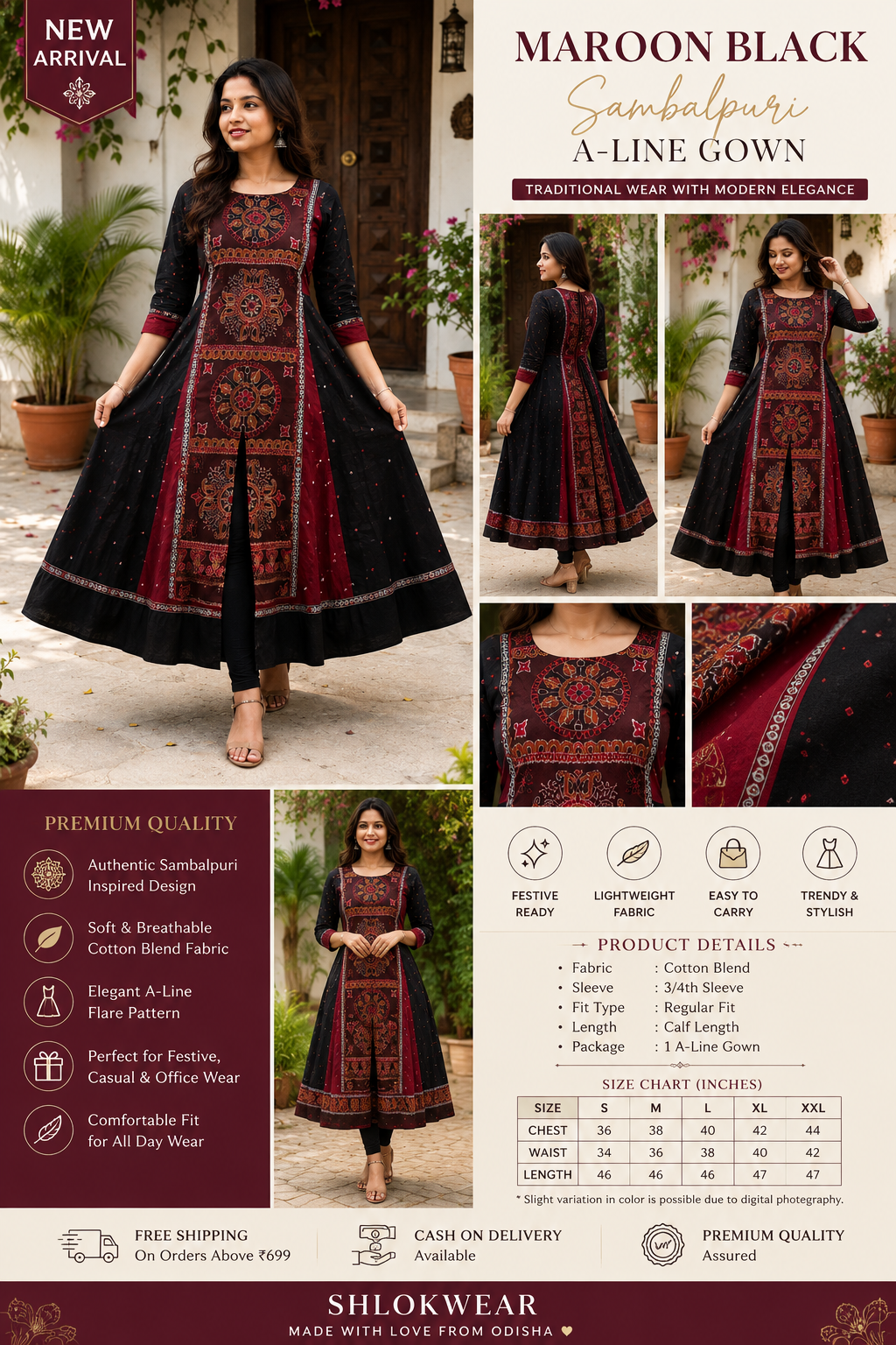 Maroon Black Sambalpuri A-Line Gown