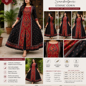 Red Black Peacock Sambalpuri Ethnic Gown for Women Sambalpuri cotton kurti Odisha handloom ShlokWear