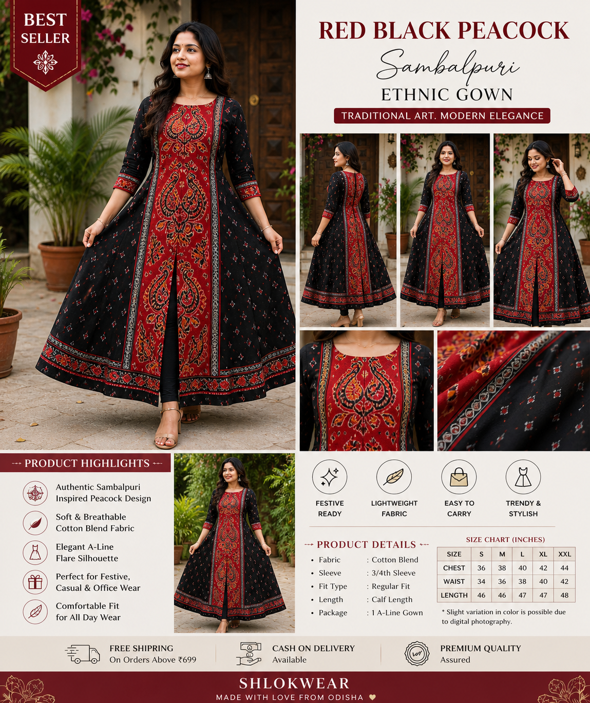 p Red Black Peacock Sambalpuri Ethnic Gown for Women Sambalpuri cotton kurti Odisha handloom ShlokWear