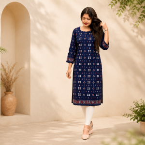 Navy Blue Sambalpuri Printed Cotton Straight Kurti for Women