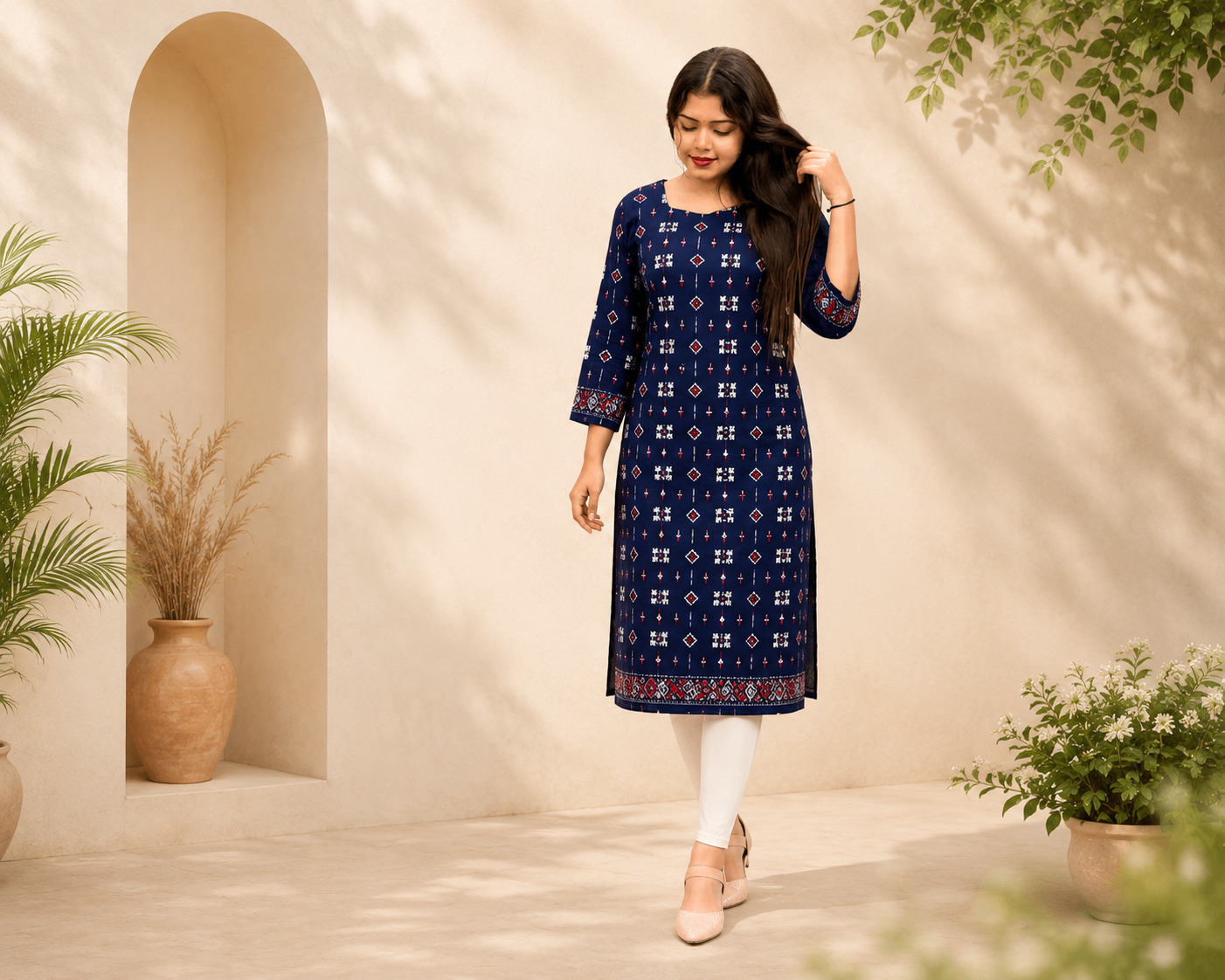 shlok Navy Blue Sambalpuri Printed Cotton Straight Kurti for Women Sambalpuri cotton kurti Odisha handloom ShlokWear